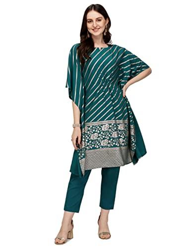 fiorra women's teal blue poly crepe kaftan kurta with pant set0043-m