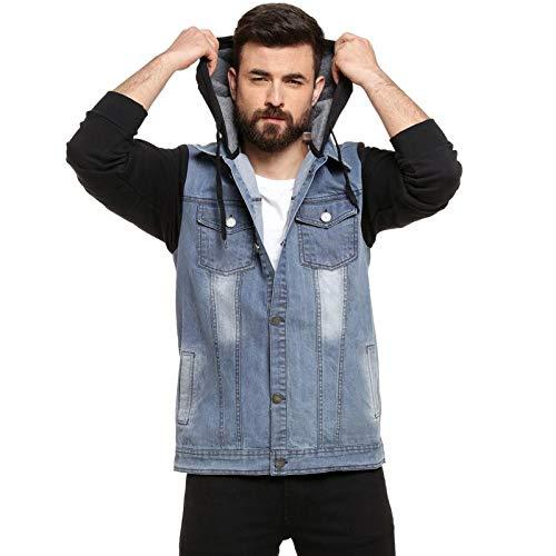 campus sutra men's black & blue medium-wash denim jacket with sweatshirt sleeve for casual wear | hooded neck | long sleeve | button closure | cotton jacket crafted with comfort fit for everyday wear