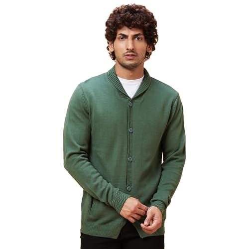 globus men green solid casual cardigan sweater-3638158005