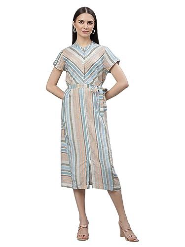 linen club woman pure linen multicolor striped dress for women (size:l)-lwgwst0090200