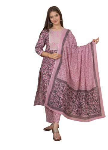 meera fab women's cotton printed printed straight embroidery kurta with palazzo & dupatta set (x-large, pink)