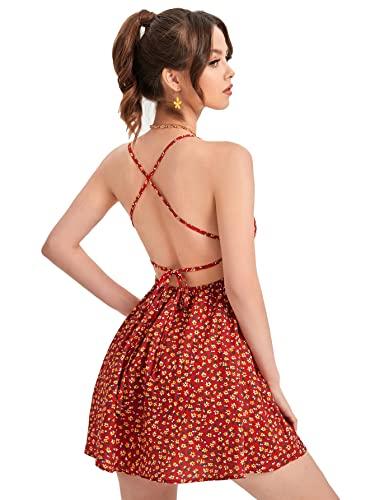 aahwan red backless lace up ditsy floral printed mini cami dress for women's & girls' (186-red_l)