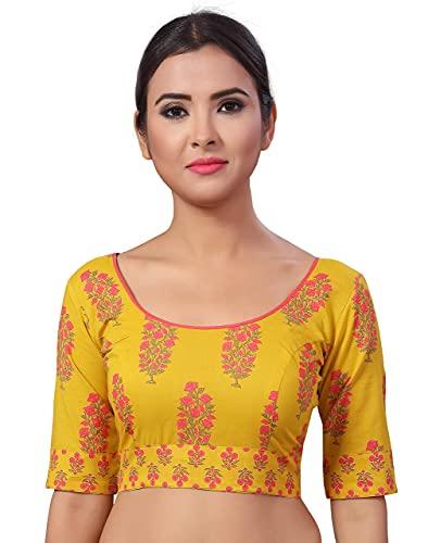 studio shringaar women's yellow jaipuri block printed pure cotton readymade saree blouse with elbow length sleeves (size, 44)