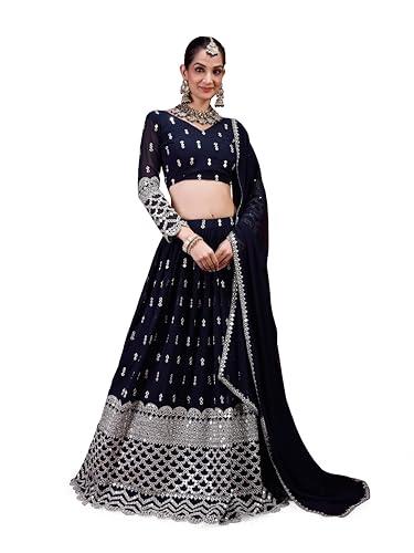 trendmalls blue georgette embroidery work semi stitched lehenga choli with dupatta for women-l249-navyblue(new-bridal-latest-wedding-lehenga-free size)