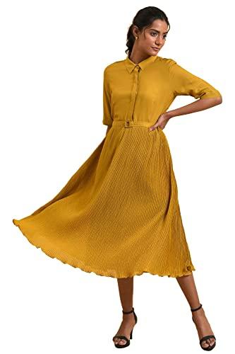 w for woman women's viscose mustard yellow pleated dress calf length (23few18814-820561 12)