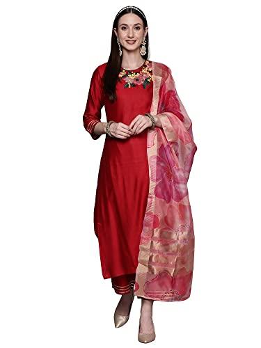 indo era women's modal embroidered straight kurta palazzo with dupatta set (rrrrr3691m_red_medium)