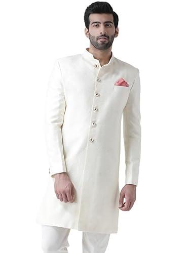 kisah men's indo western sherwani, white silk blend, jacquard regular fit mandarin collar long sleeves (40)