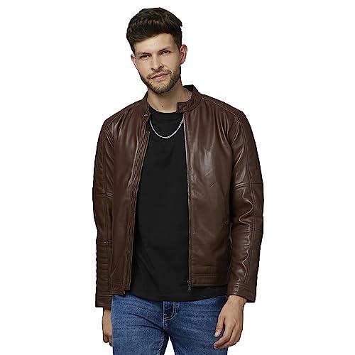 celio solid brown long sleeves pu jacket