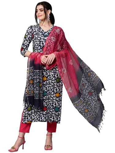 anni designer women's cotton blend printed straight kurta with pant & dupatta (khara blue_xl_blue_x-large)