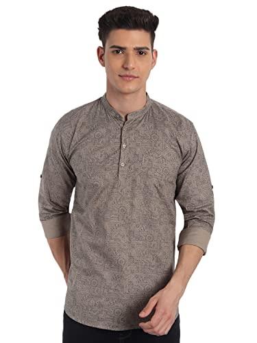 majestic man cotton printed designer short kurta for men (large, brown)