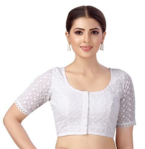 studio shringaar women's cotton half sleeves chikankari saree blouse (white, 48)