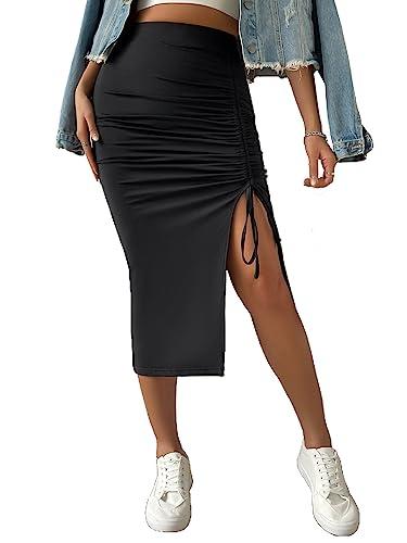 aahwan solid black drawstring split thigh midi skirt for women's & girls' (228-black-xl)