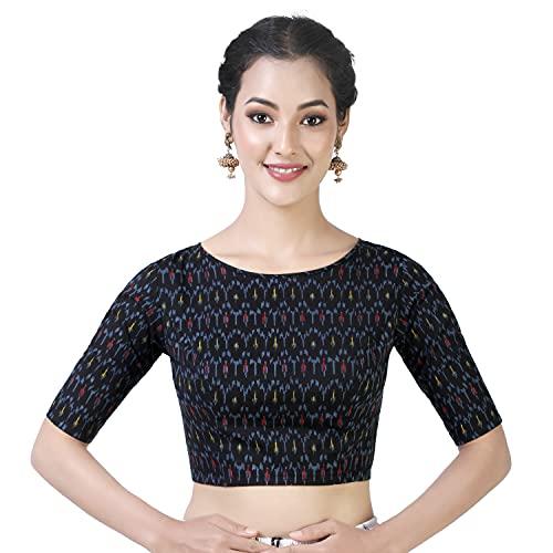 studio shringaar women's readymade cotton block printed elbow length sleeves saree blouse (black, 50)