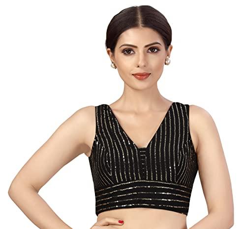 studio shringaar women's polyester readymade sequin embroidery sleeveless saree blouse (black_38)