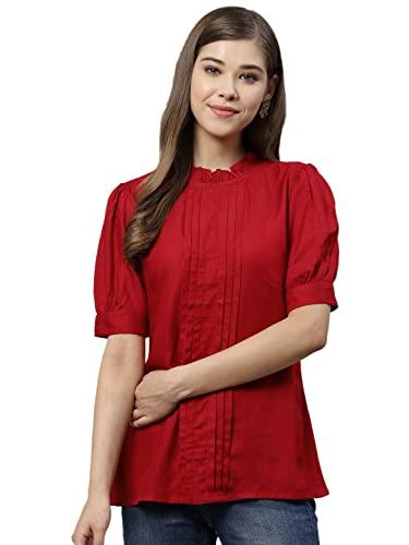 yash gallery women's rayon dobby solid straight high neck half sleeves top (maroon, xx-large)