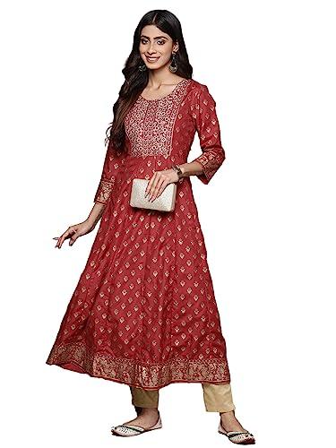 anubhutee women's viscose rayon ethnic motifs embroidered fuchsia a-line kurta