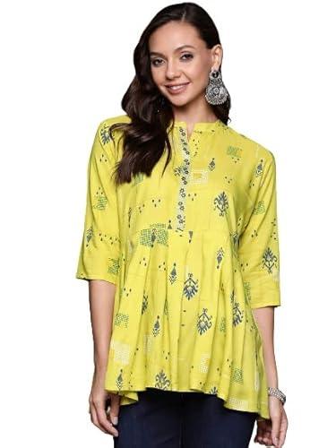 anubhutee women's rayon lime green thread work ethnic motifs printed a-line kurti