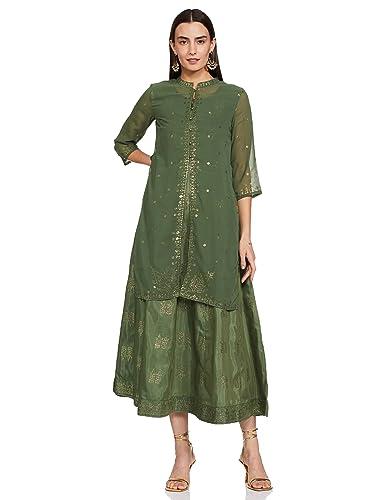 w for woman dark green mukaish georgette jacket with flared sleeveless dress_22auw18297-119302_xl