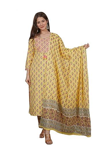 meera fab women's cotton printed green printed straight embroidery kurta with palazzo & dupatta set