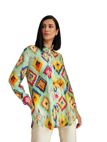 leriya fashion women's rayon ikat printed casual shirt tops for women long cuff sleeves collared neck button down tunic for outing travel holiday party office wear shirts (x-large, aqua green)