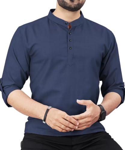 deemoon men's regular fit solid short kurta navy blue