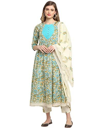 rajnandini women's pure cambric cotton jaipuri floral printed a-line kurta set with dupatta (ready to wear; beige and blue; x-large)(jopljpr804a-xl)