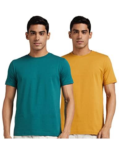 amazon brand - symbol men's cotton t shirt | round neck | half sleeve | plain | combo pack of 2 - regular fit (available in plus size) (viridian & inca gold_xl)