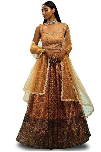 zeel clothing women's chinnon silk embroidered semi-stitched lehenga choli with dupatta (106-yellow-wedding-bridal-latest-lehenga; free size)