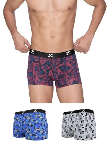 xyxx men's modal slim geometric trunks (pack of 3) (xy_r5_trnk_03_triad red + boxy grey + prism blue_l)