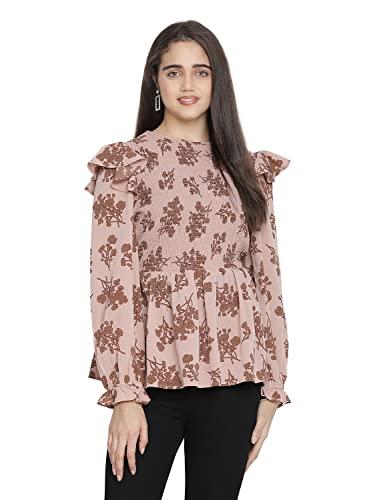 oxolloxo crispy brown floral print smocked women top (large)