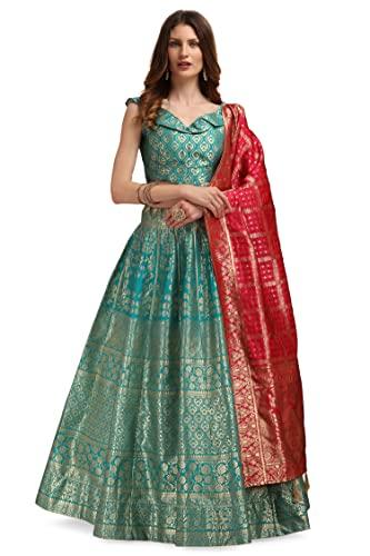 purvaja women's silk blend semi-stitched lehenga choli (glossy-c-green_sea free size)