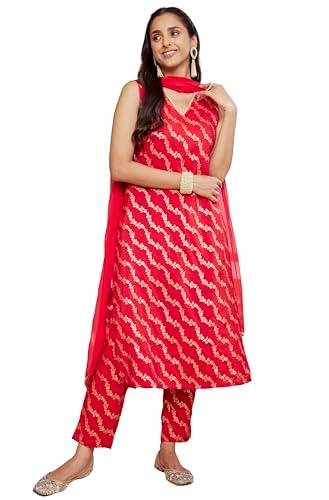 janasya women's red brocade woven design kurta with pant and dupatta(set837-kr-np-a-l)