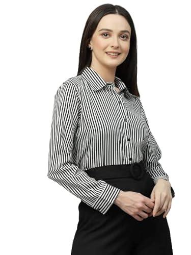 style quotient women black and white stripe polyester regular semi formal shirt