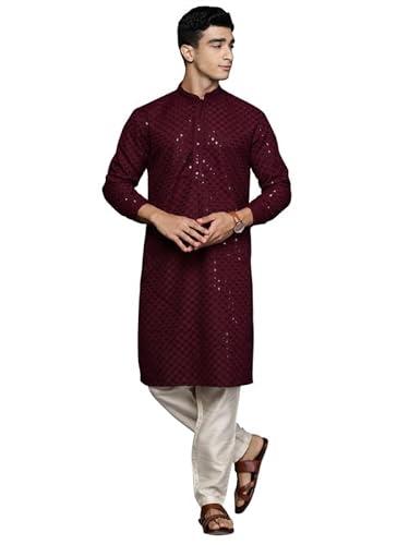 indo era men's burgundy geometric cotton embroidered straight kurta (mkt3wn1276_x-large)