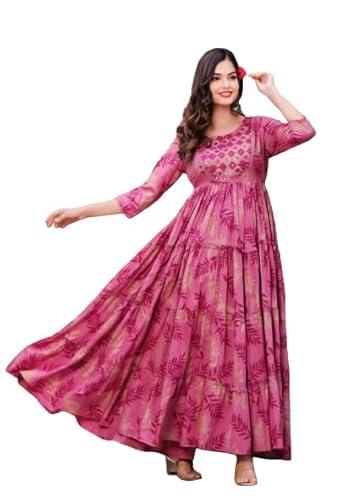 trending & pretty long pink gown with beautiful front mirror embroidery and floral print for women's and girls (x-large)