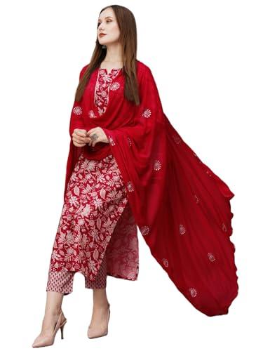 gosriki women's cotton blend straight printed kurta with pant & dupatta (mei red-gs_xl_red_x-large)