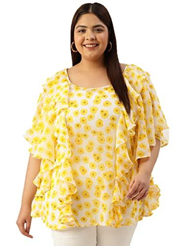 therebelinme plus size women's yellow floral printed ruffled detail top(xxxxl)