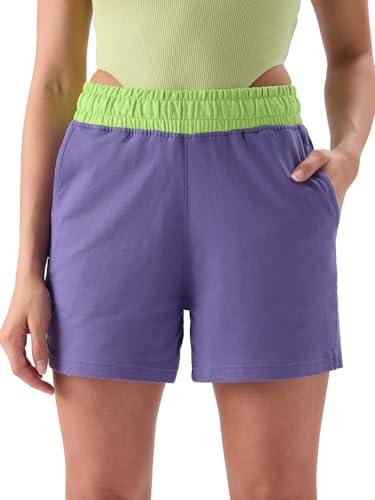 the souled store grape mist women regular fit solid purple color cotton lounge shorts sweatshorts women's sweat shorts athletic lounge gym running workout french terry cotton drawstring elastic