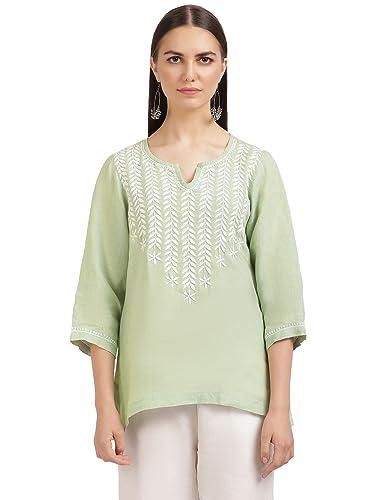 linen club woman pure linen mint green embroidered tunic for women (size:l)-lwtneb0080194