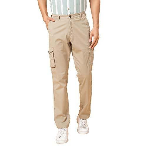 globus men beige solid slim fit cargos-3633771003