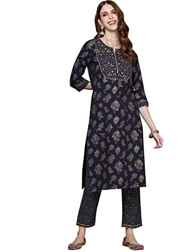 anubhutee women's cotton navy blue ethnic motifs printed straight kurta suit set with pants