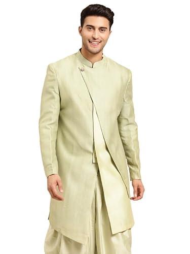 kisah men's indo western sherwani, green cotton blend, ethnic motifs regular fit mandarin collar long sleeves (42)