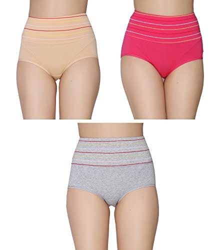 glamoras women's cotton high waist tummy control panty (pack of 3) grey, tomato, beige, free size