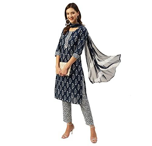 anubhutee women's cotton blue ethnic motifs printed straight kurta suit set with pants and dupatta