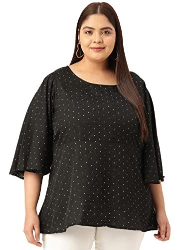 therebelinme plus size women's black polka dot printed flared sleeve crepe top(xxl)