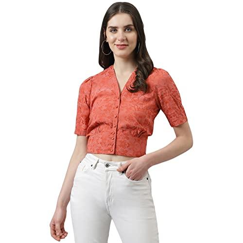 latin quarters women red self printed floral top with front buttons