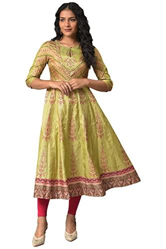 w for woman light green karnataka silk kurta with dark pink tights