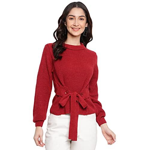 latin quarters women high neck sweater with belt design maroon