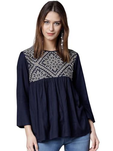 rytras women's printed regular fit top(blue,xs)