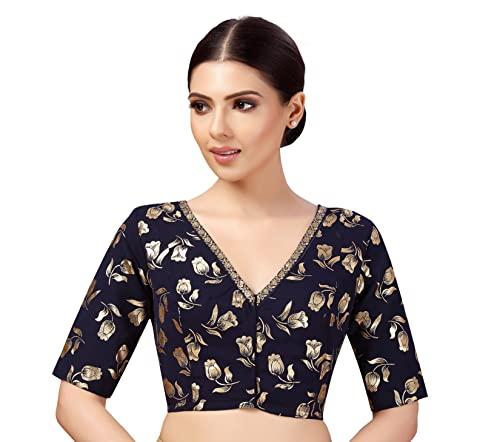 studio shringaar women's georgette embroidered and gold printed saree embroidery sleeve blouse (navy blue, 36)